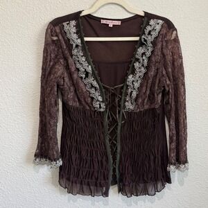 Young Essence Brown Lace Mesh Corset Top Smocked Ruffle Fairycore Large Y2K